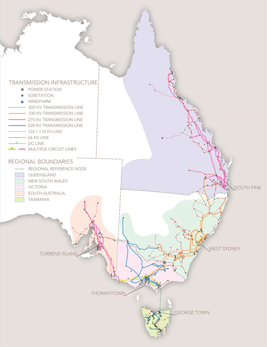Map of the National Electricity Market showing interconnected regions across eastern Australia